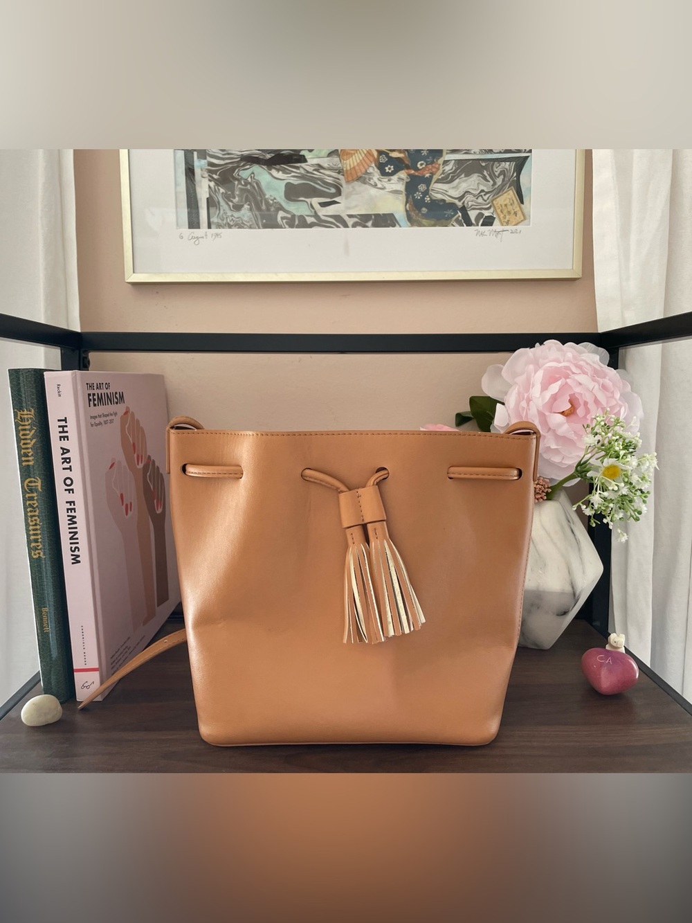 Classic Tan Leather Tassel Bucket Bag